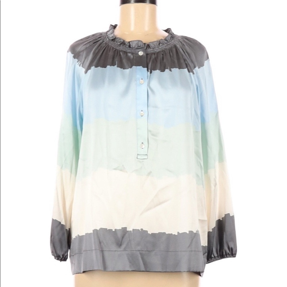 New BCBG silk blouse top Medium blue beige gray